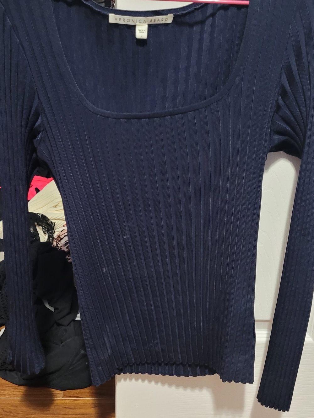 Veronica Beard Navy Ribbed Scoop-Neck Long Sleeve Sweater